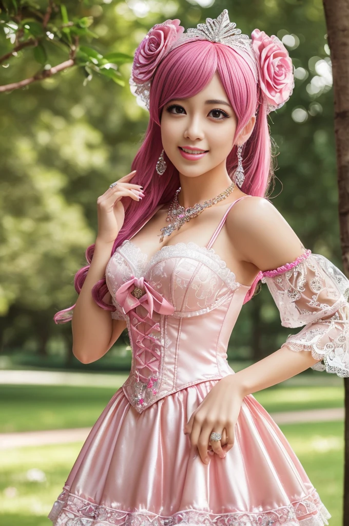 ((Best quality, 8k, Masterpiece, Sharp focus, 35mm lens, f/0.8, amazing beautiful perfect figure :1.4)), side lighting, sexy stylish model, ((big smile)), ((doll-like appearance)), ((beautiful detailed Victorian-Style boots)), Highly detailed face and skin texture:1.2, Detailed black eyes:1.2, super detailed skin, shiny skin:1.2, Blushing , beautiful detailed makeup:1.2, high-fidelity bangs, brilliant neon pink long random hairstyle, ((sexy Paradise Kiss cosplay)), bell-shaped skirt, petticoats, high neckline, puffed sleeves, (( ultra detailed lace)), ((ultra detailed embroidery)), intricate details, Paradise Kiss accessoires and matching headpiece, choker, ((large sparkling Paradise Kiss jewelry)), cinematic light, detailed large park background with trees