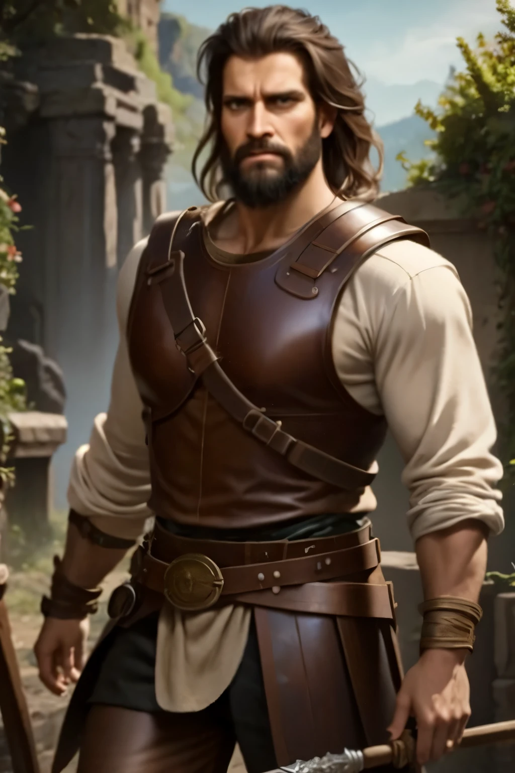 masterpiece, high quality, best quality, beautiful, hd, realistic, perfect lighting, detailed face, detailed body, 1 man, solo, black hair, green eyes, long black beard, brown and worn leather clothing gladiator style: 1.4), leather breastplate, 1 wooden spear in hands, war battle background, gladiator style, muscular men, robust, angry look,