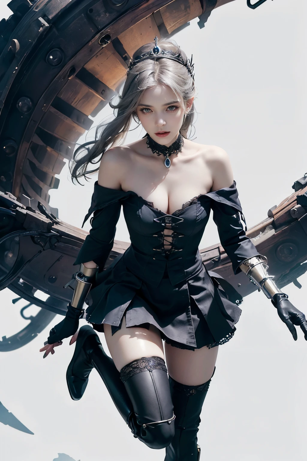 mpts
Copy
(((masutepiece, of the highest quality, super detailed))), white background, plain background, Bloodborne inspired, Bloodborne, occult aesthetic, occult, Complex mechanical cyborg girl, Skeleton body, Off-the-shoulder fashion fused with detailed and intricate steampunk and detailed gothic ta, diadems, very thin long legs, Complex mechanical boots above the knee, Fluttering lace flared mini skirt, beautiful small breasts directed upwards, (((( Highly detailed face))), small thin nose, Small thin lips mouth, (((Very sharp focused eyes))), Very large slit precision pale grey eyes that shine like jewels. very long eyelashes, Silver hair swaying in the wind, Emitting a dazzling light in a mandala pattern, Extremely complex giant mechanical weapons, white background, Very dramatic and cinematic lighting, red and black clothing (((A dramatic leap in overall accuracy, Create ultra-detailed and realistic images))).