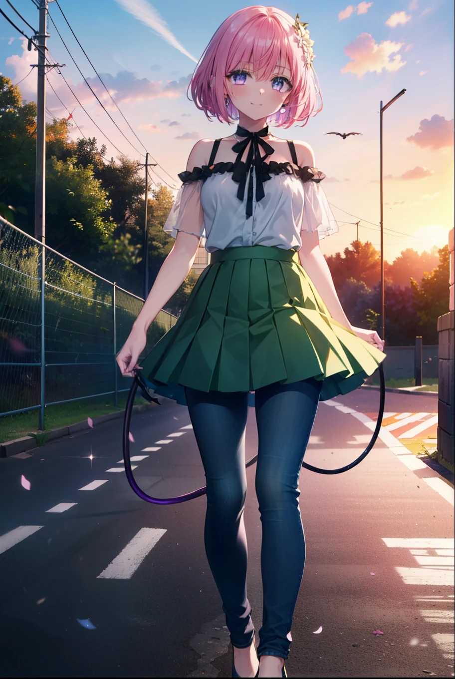 Momodebilke, A type of Deviluke, demon tail, Hair Flowers, hair ornaments, (Purple eyes:1.1), Pink Hair, short hair, tail, smile,
break demon tail, Green Skirt, Cordo shoulder top,Skinny jeans,Stiletto heels,morning,morning陽,The sun is rising,Walking,whole bodyがイラストに入るように, break outdoors, 公園 break looking at viewer, whole body, break (masterpiece:1.2), highest quality, High resolution, unity 8k wallpaper, (figure:0.8), (beautiful detailed eyes:1.6), extremely detailed face, Perfect lighting, extremely detailed CG, (Perfect hands, Perfect Anatomy),