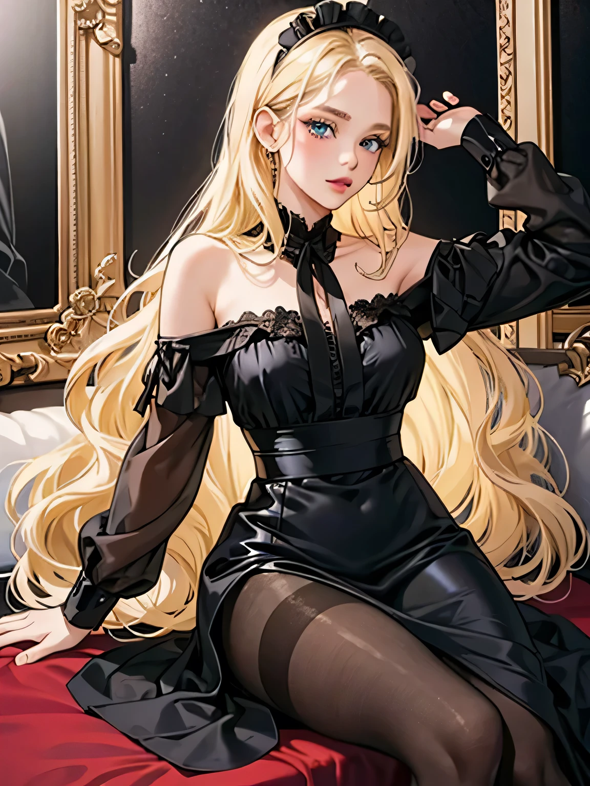 1girl, 30 years old, maid, black dress, off-the-shoulder, blonde hair, long hair, blonde, blue eyes, black pantyhose, sexy, seductive, black tie