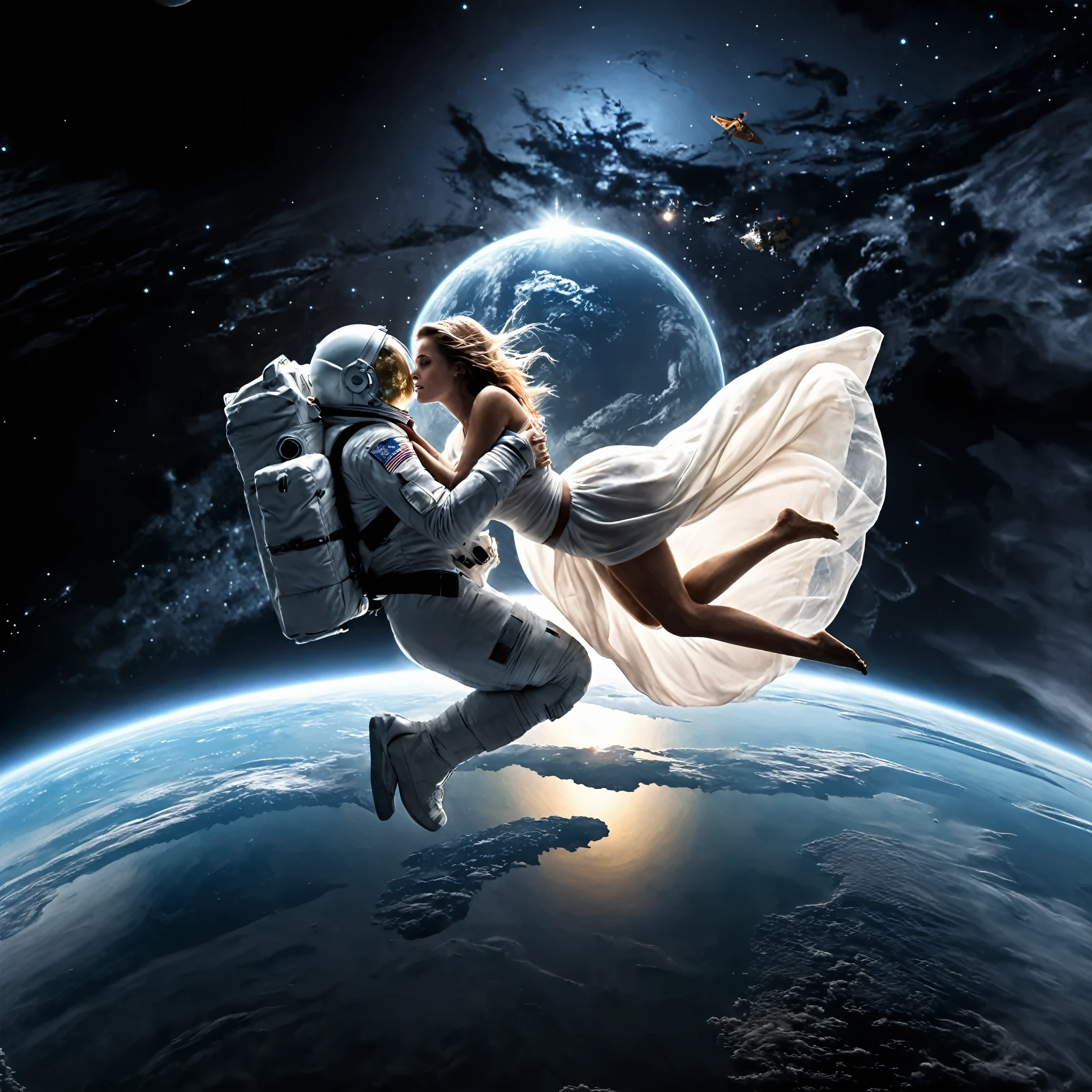 Una mujer vestida de blanco besa a un astronauta. romantic fantasy movie, an incredible hyperreal photo, chica en el espacio, flotando en el espacio, a la deriva en el espacio, escena de caminata espacial, magical fairy flotando en el espacio, volando en el espacio, flotando en el espacio exterior, flotando en el espacio profundo, esta volando por el espacio, impressive great composition, high quality fantasy stock photo