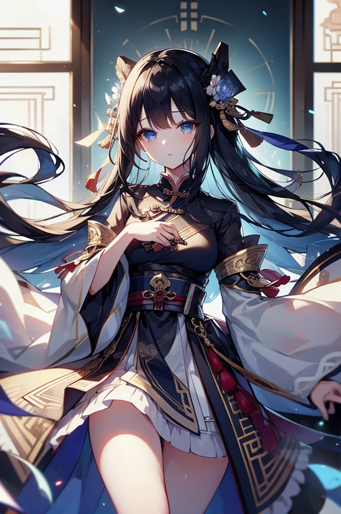 High Quality, Lossless, Clean, Raw, High Quality, Lossless, Clean, Raw, HD, girl, alone, clear lights, bangs in her hair, blue eyes, beautiful girl, perfect body, Color Booster,Realism, 1girl, solo, long hair, looking at viewer, skirt, black hair, hair ornament, long sleeves, standing, flower, indoors, wide sleeves, window, chinese clothes, table, plant