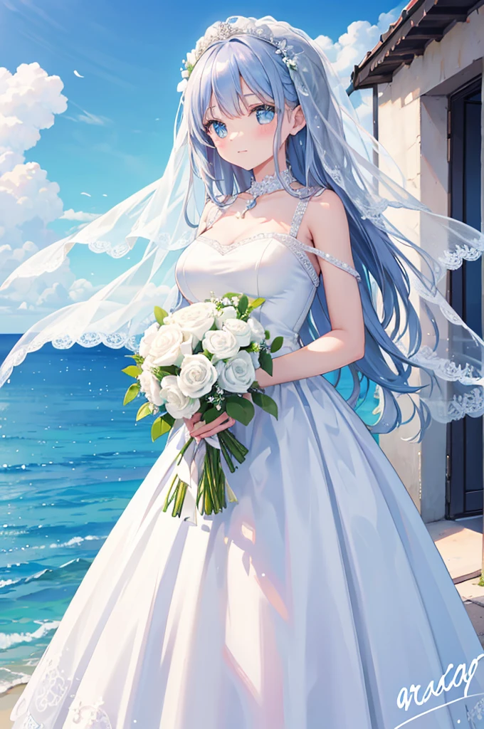 wedding Beautiful woman in a white dress with a white bouquet Blue crystal clear sea blue sky Watchful dog