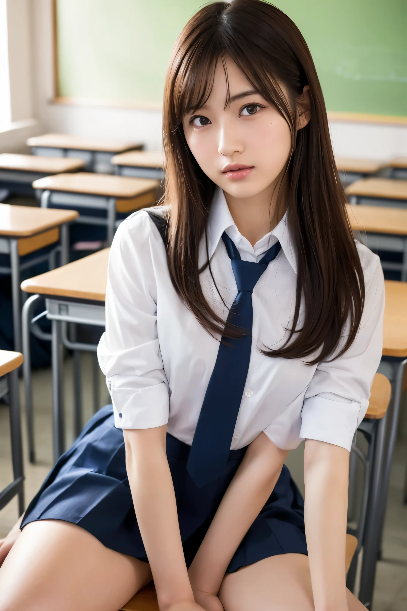 Tabletop, highest quality, Japanese Girls, 8k, RAW Photos, highest quality, Tabletop, Hmph:1.2, Highly detailed RAW color photos, Professional photos, (Realistic, Realistic:1.37), (Highly detailed skins:1.2), Ultra-high resolution, (Lenz 50mm), (Tabletop, highest quality:1.3), (ultra detailed 8k cg:1.2), (Ultra-realistic:1.35), (Realistic:1.45), (Realistic:1.4), Cowboy Shot,
Beautiful Japanese Woman, 22 years old, Supermodel, Japanese Idols, __performance__, Small breasts, (Sitting at a desk:1.1), (school uniform:1.4), (Spread your legs:1.2),
(School classroom background:1.1)、Korean Idol、Nogizaka Idol、Carving the Idol's Pose、Adult、No underwear、Leg spread