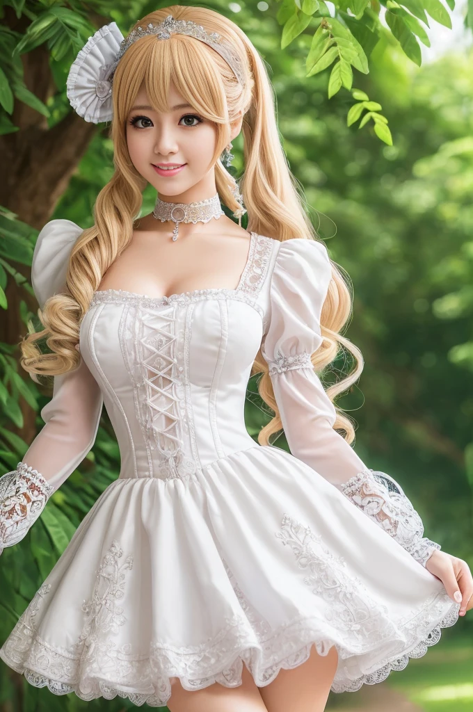 ((Best quality, 8k, Masterpiece, Sharp focus, 35mm lens, f/0.8, amazing beautiful perfect figure :1.4)), side lighting, sexy stylish model, ((big smile)), ((doll-like appearance)), ((beautiful detailed Victorian-Style boots)), Highly detailed face and skin texture:1.2, super detailed skin, shiny skin:1.2, Blushing , beautiful detailed makeup:1.2, high-fidelity bangs, brilliant light blonde long random hairstyle, ((sexy Paradise Kiss cosplay)), bell-shaped skirt, petticoats, high neckline, puffed sleeves, (( ultra detailed lace)), ((ultra detailed embroidery)), intricate details, Paradise Kiss accessoires and matching headpiece, choker, ((large sparkling Paradise Kiss jewelry)), cinematic light, detailed large park background with trees
