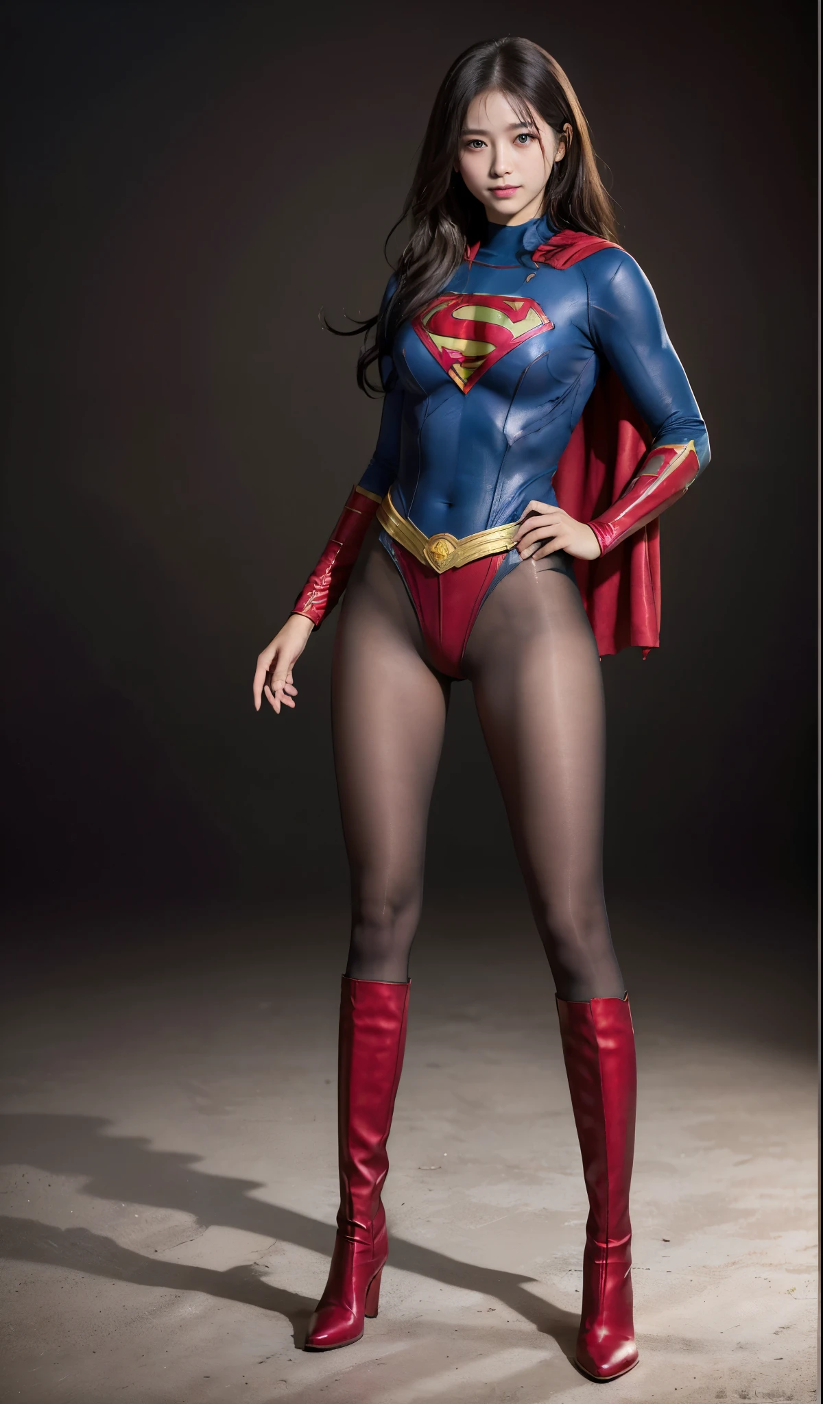 No background、(((Beautiful legs in black tights.)))、(((Legally express the beauty of your smile)))、((((Make the most of your original images)))、(((Supergirl Costume)))、(((Beautiful Hair)))、(((suffering)))、(((Please wear black tights....、Wear red boots)))、((Best image quality、8k))、((highest quality、8k、masterpiece:1.3))、(((Preserve background )))、Sharp focus:1.2、Beautiful woman with perfect figure:1.4、Slim Abs:1.2、Wet body:1.5、Highly detailed face and skin texture、8k