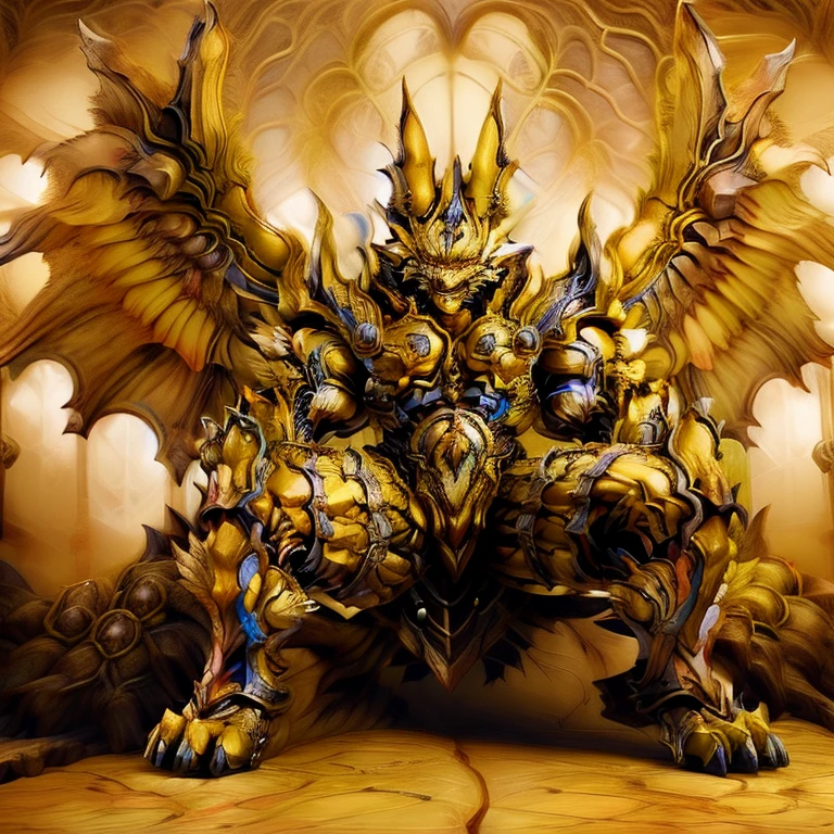 (Pokémon) (Zeraora), (masterpiece, best quality, detailed:1.2), (nj5furry), (medieval armor:1.3) sparkling skin, Vibrant colors, 4K, GOLD armor, Its full plate armor emphasizes the muscles. big muscle (pecs, triceps, traps) unusually developed muscular body, body full of huge muscles. showing off muscles, pectorales enormes. Exaggeratedly huge muscles. Gigachad Muscular, Very muscular, Large pecs, Spread wings, It has wings. have big wings. has 10 large wings. It has large golden wings. The feathers on its wings are detailed and realistic.sitting on the throne,