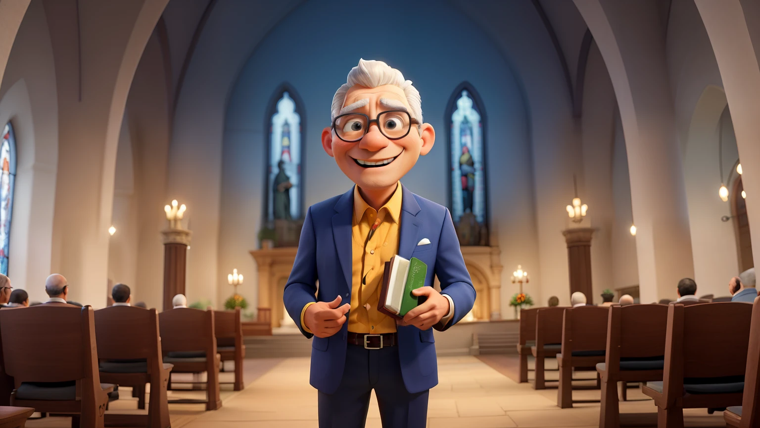 A vibrant and high-resolution cartoon artwork celebrating Pastor's Day. The central figure is a joyful pastor holding a Bible in one hand, wearing a suit with a warm and welcoming expression. Surrounding the pastor are cheerful elements such as smiling congregants, doves, and rays of light to symbolize guidance and faith. At the top, in bold, colorful letters, it reads "FELIZ DIA DO PASTOR". The background features a serene church scene with trees and a clear sky, adding to the festive and uplifting atmosphere. The overall style should be bright, inviting, and filled with positive energy.