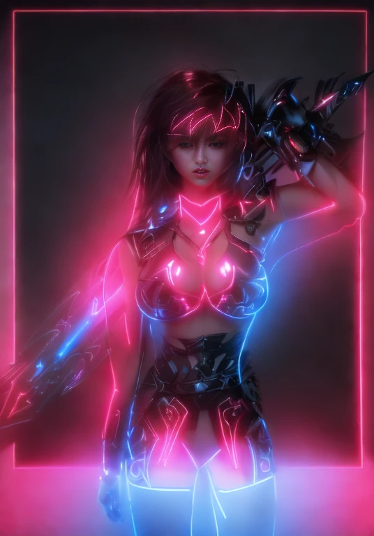 a ultra beautiful girl, with a (black techno fantasy armor) and a great sword in the back, cute, 12k, uhd, photorealistic, red neon lights decourations, (black short hairs), ((european race)), (ultra beautiful gorgeous realistic), naked belly and (naked arms)