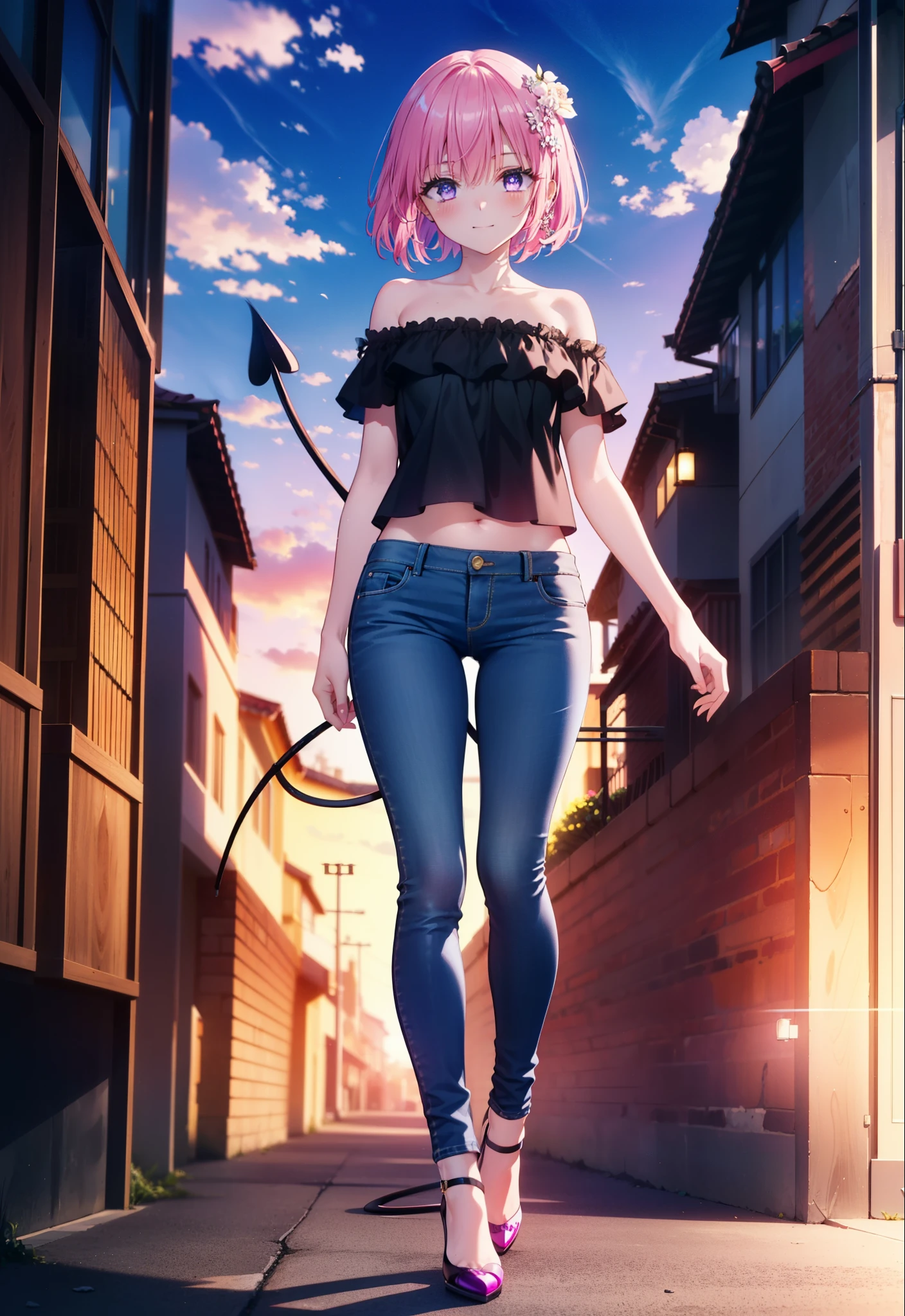 Momodebilke, A type of Deviluke, demon tail, Hair Flowers, hair ornaments, (Purple eyes:1.1), Pink Hair, short hair, tail, smile,
break demon tail, Cordo shoulder top,Skinny jeans,Stiletto heels,morning,morning陽,The sun is rising,Walking,whole bodyがイラストに入るように, break outdoors, 公園 break looking at viewer, whole body, break (masterpiece:1.2), highest quality, High resolution, unity 8k wallpaper, (figure:0.8), (beautiful detailed eyes:1.6), extremely detailed face, Perfect lighting, extremely detailed CG, (Perfect hands, Perfect Anatomy),