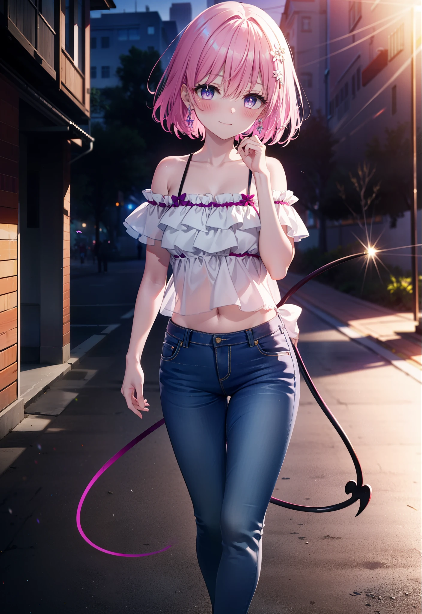 Momodebilke, A type of Deviluke, demon tail, Hair Flowers, hair ornaments, (Purple eyes:1.1), Pink Hair, short hair, tail, smile,
break demon tail, Cordo shoulder top,Skinny jeans,Stiletto heels,morning,morning陽,The sun is rising,Walking,whole bodyがイラストに入るように, break outdoors, 公園 break looking at viewer, whole body, break (masterpiece:1.2), highest quality, High resolution, unity 8k wallpaper, (figure:0.8), (beautiful detailed eyes:1.6), extremely detailed face, Perfect lighting, extremely detailed CG, (Perfect hands, Perfect Anatomy),