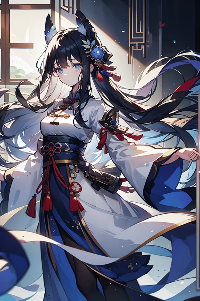 High Quality, Lossless, Clean, Raw, High Quality, Lossless, Clean, Raw, HD, girl, alone, clear lights, bangs in her hair, blue eyes, beautiful girl, perfect body, Color Booster,Realism, 1girl, solo, long hair, looking at viewer, skirt, black hair, hair ornament, long sleeves, standing, flower, indoors, wide sleeves, window, chinese clothes, table, plant