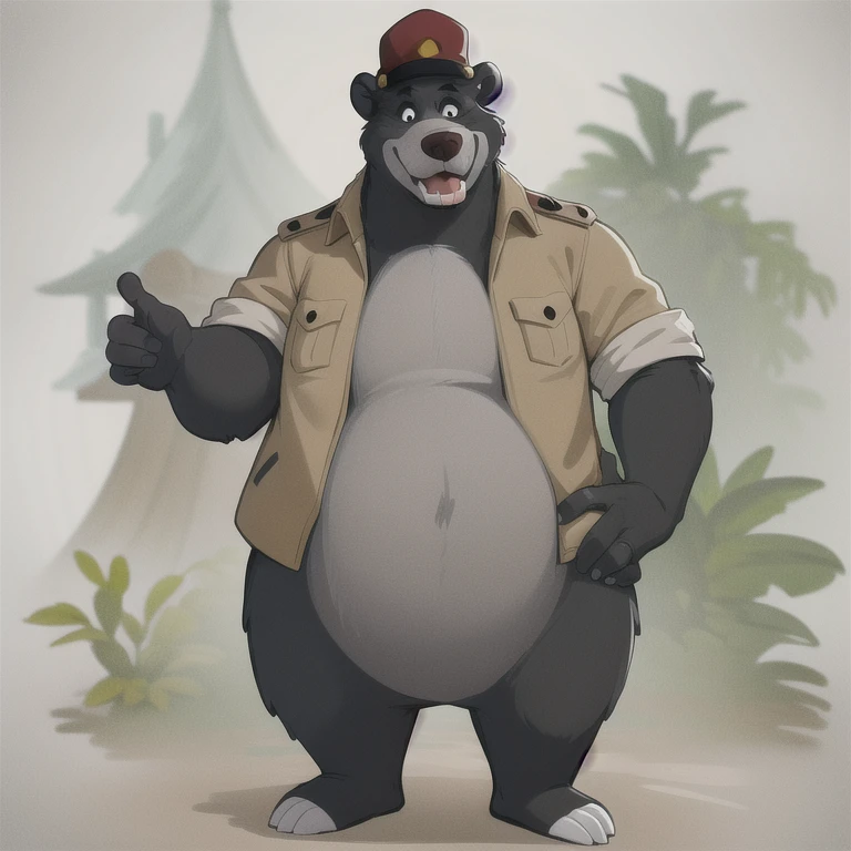 ((masterpiece, best quality)),solo, solo, baloo, standing, full body, black eyes, furry, bear, tongue out, porn, big cock, no humans, jungle,  jacket, hat, 