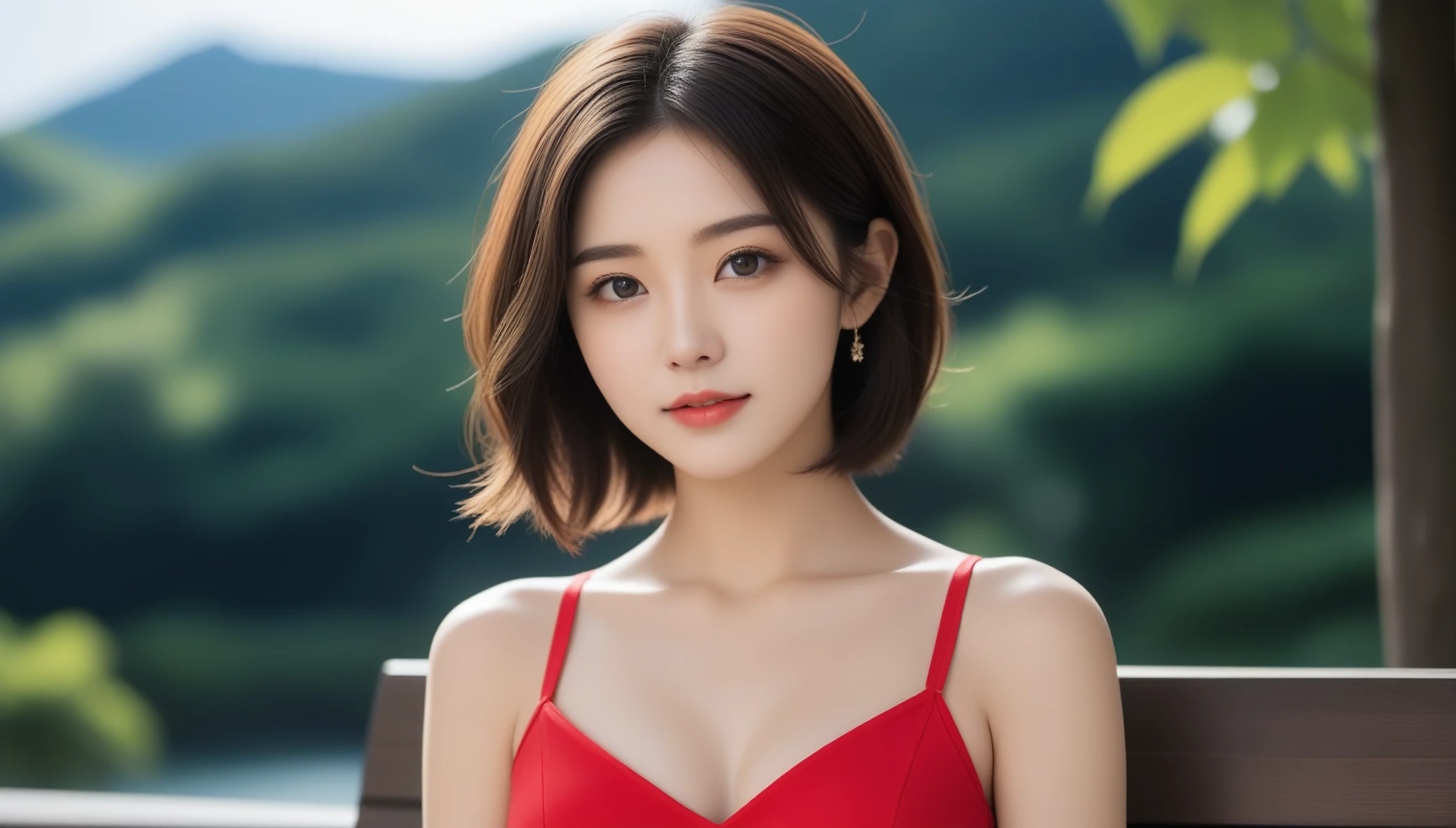 8k, Ultra-high resolution, highest quality, masterpiece, Surreal, photograph, 1 girl, (:1.3), pretty girl, Cute Face, Beautiful eyes in every detail, 細かくdetailedに,masterpiece,, One Girl:1.2, Japan Female Announcer, A woman in her fifties wearing a red bra top and a black skirt sitting on a bench,Bold Pose,Looking at the audience、beauty,Long neck、Laugh a little、Please close your mouth and laugh、(((Ideal body type))),A cup small breasts :2,、Portraiture:2、Perfect Anatomy、鮮明なdetailed、detailed、Surreal、Light and shadow,Strong light,Fashion magazine cover,Thin lips