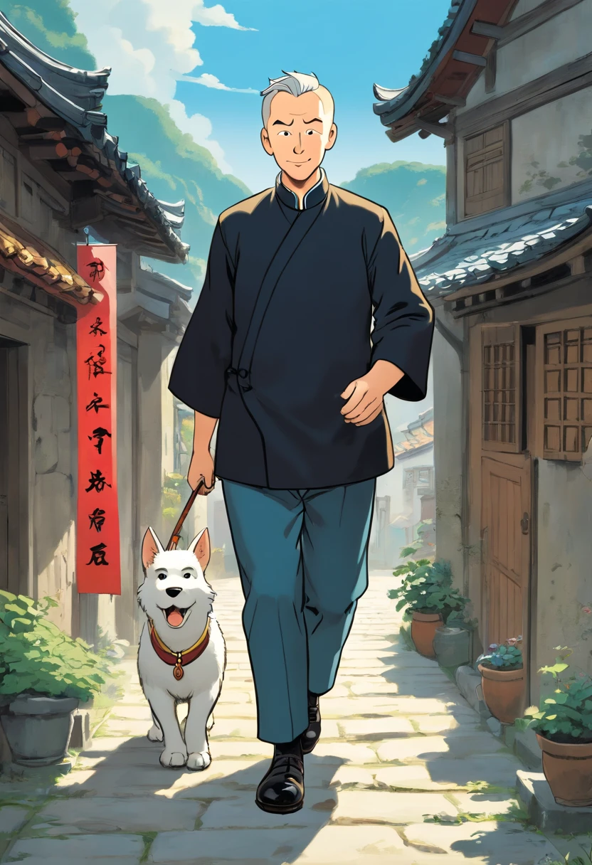 Tintin, 50 years old male wearing black tradisional Chinese clothes, slick and neat short gray hair, exploring a small Chinese village, european comics