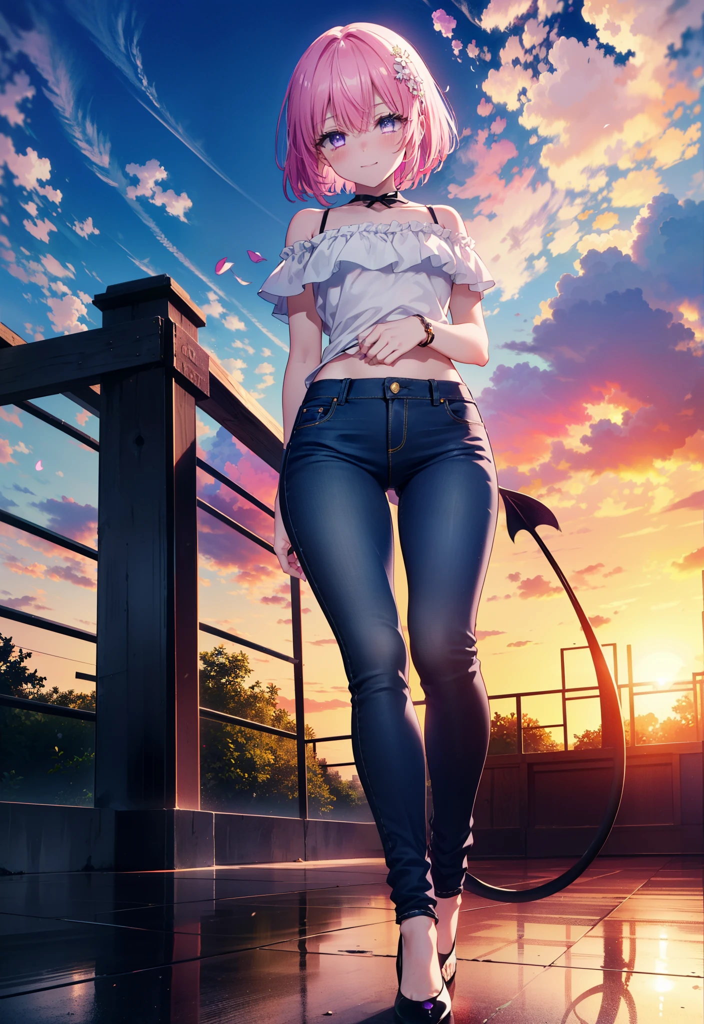 Momodebilke, A type of Deviluke, demon tail, Hair Flowers, hair ornaments, (Purple eyes:1.1), Pink Hair, short hair, tail, smile,
break demon tail, Cordo shoulder top,Skinny jeans,Stiletto heels,morning,morning陽,The sun is rising,Walking,whole bodyがイラストに入るように, break outdoors, 公園 break looking at viewer, whole body, break (masterpiece:1.2), highest quality, High resolution, unity 8k wallpaper, (figure:0.8), (beautiful detailed eyes:1.6), extremely detailed face, Perfect lighting, extremely detailed CG, (Perfect hands, Perfect Anatomy),