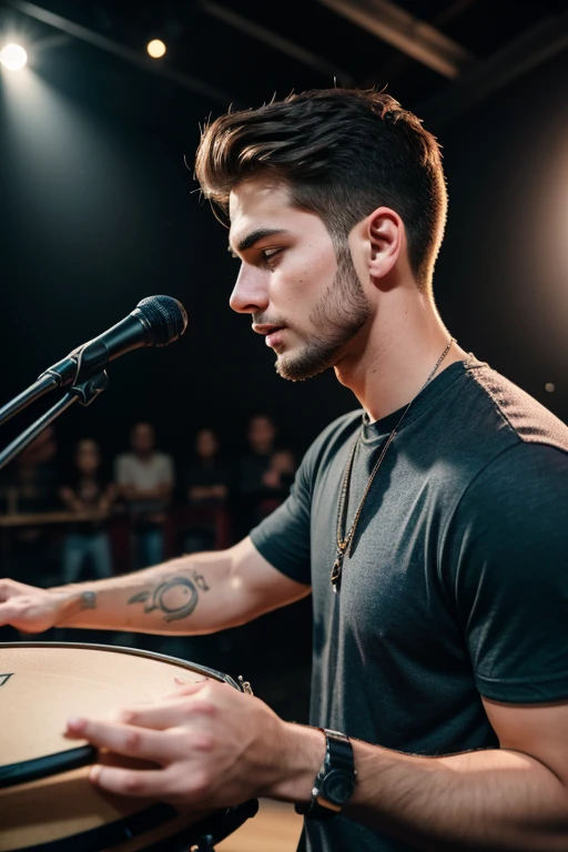 handsome male like a american, 22 years old wearing a casual clothes playing a drums highlights with Men Wedding Ring detailed, with tatto in right arm, innocent face, natural brushed up hair, hazel eyes, Handsome 1 people, 1 people handsome, Casual clothes, A hyper-realistic, praying while playing drums expression, on a stage praying with a young people hiquality, Friends group, Nikon, Canon, Fujifilm, HD, 4K, 8k