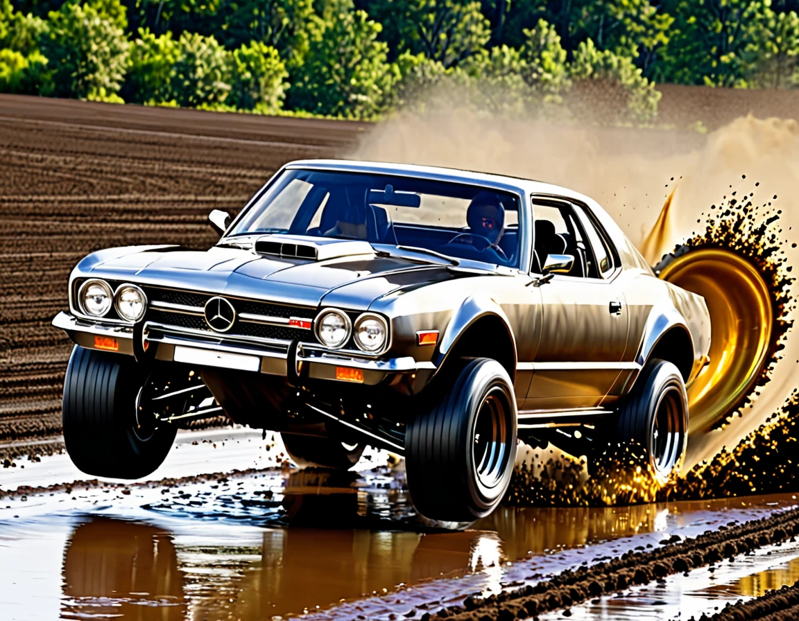 Liquid metal cars racing by, liquid metal tires bouncing off liquid metal, liquid metal roads muddy with liquid metal,