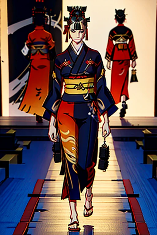 smoke and flames theme, (samurai yukata outfit:1.3), male, man, boy, avant garde fashion, wearable art, couture, oversized clothing, skintight clothing, fullbody