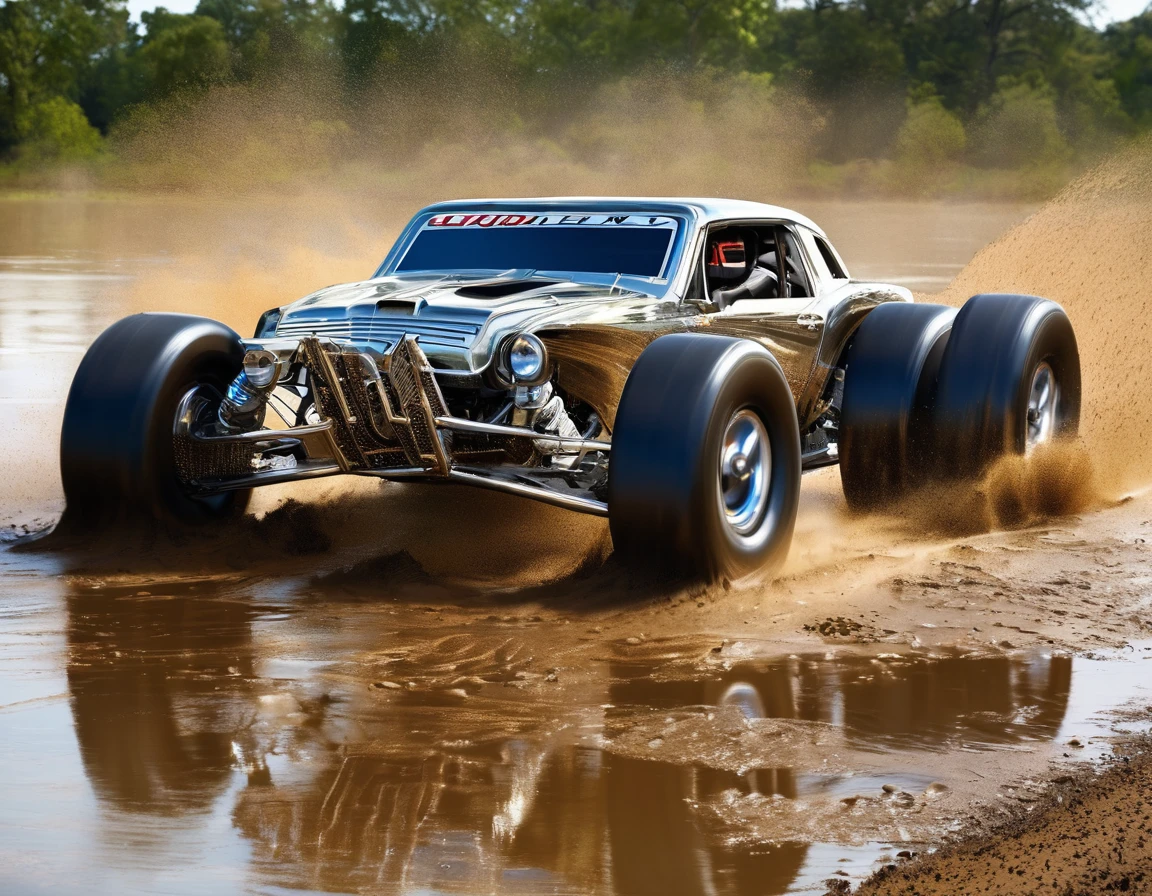 Liquid metal cars racing by, liquid metal tires bouncing off liquid metal, liquid metal roads muddy with liquid metal,