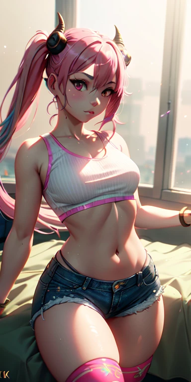 1girl, pink hair, crop top, denim shorts, bedroom, striped thighhighs, long pig tails, twin tails, oni horns, oni, detailed pink ombre eyes, (masterpiece, best quality, 8k, highly detailed, photorealistic, hyper detailed, intricate details, cinematic lighting, volumetric lighting, dramatic lighting)