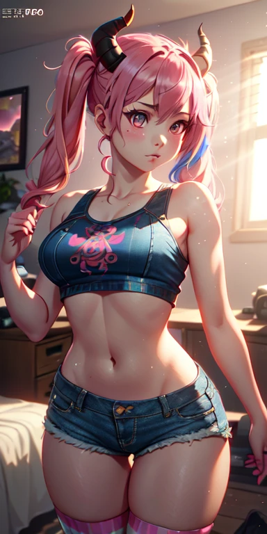 1girl, pink hair, crop top, denim shorts, bedroom, striped thighhighs, long pig tails, twin tails, oni horns, oni, detailed pink ombre eyes, (masterpiece, best quality, 8k, highly detailed, photorealistic, hyper detailed, intricate details, cinematic lighting, volumetric lighting, dramatic lighting)