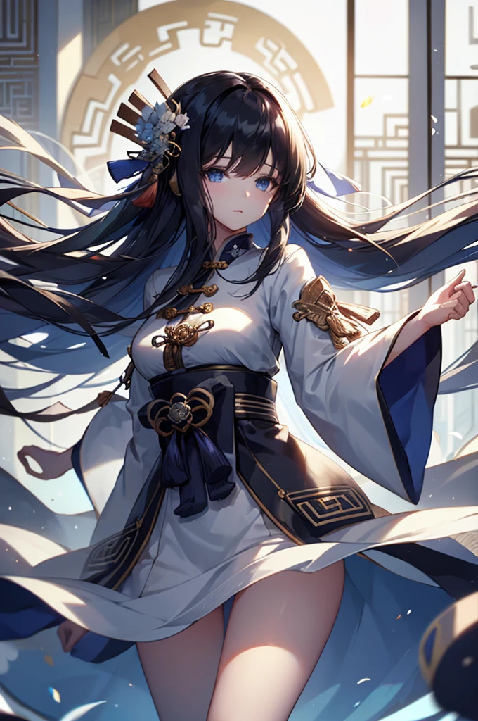 High Quality, Lossless, Clean, Raw, High Quality, Lossless, Clean, Raw, HD, girl, alone, clear lights, bangs in her hair, blue eyes, beautiful girl, perfect body, Color Booster,Realism, 1girl, solo, long hair, looking at viewer, skirt, black hair, hair ornament, long sleeves, standing, flower, indoors, wide sleeves, window, chinese clothes, table, plant