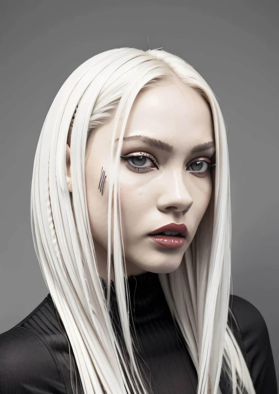 mejor calidad, obra maestra,pelo blanco, ojos dorados, los labios pintados de rojo pasion, ropa blanca, buscando, parte superior del cuerpo,mecha de cabello,Piel blanca,trenzas laterales
