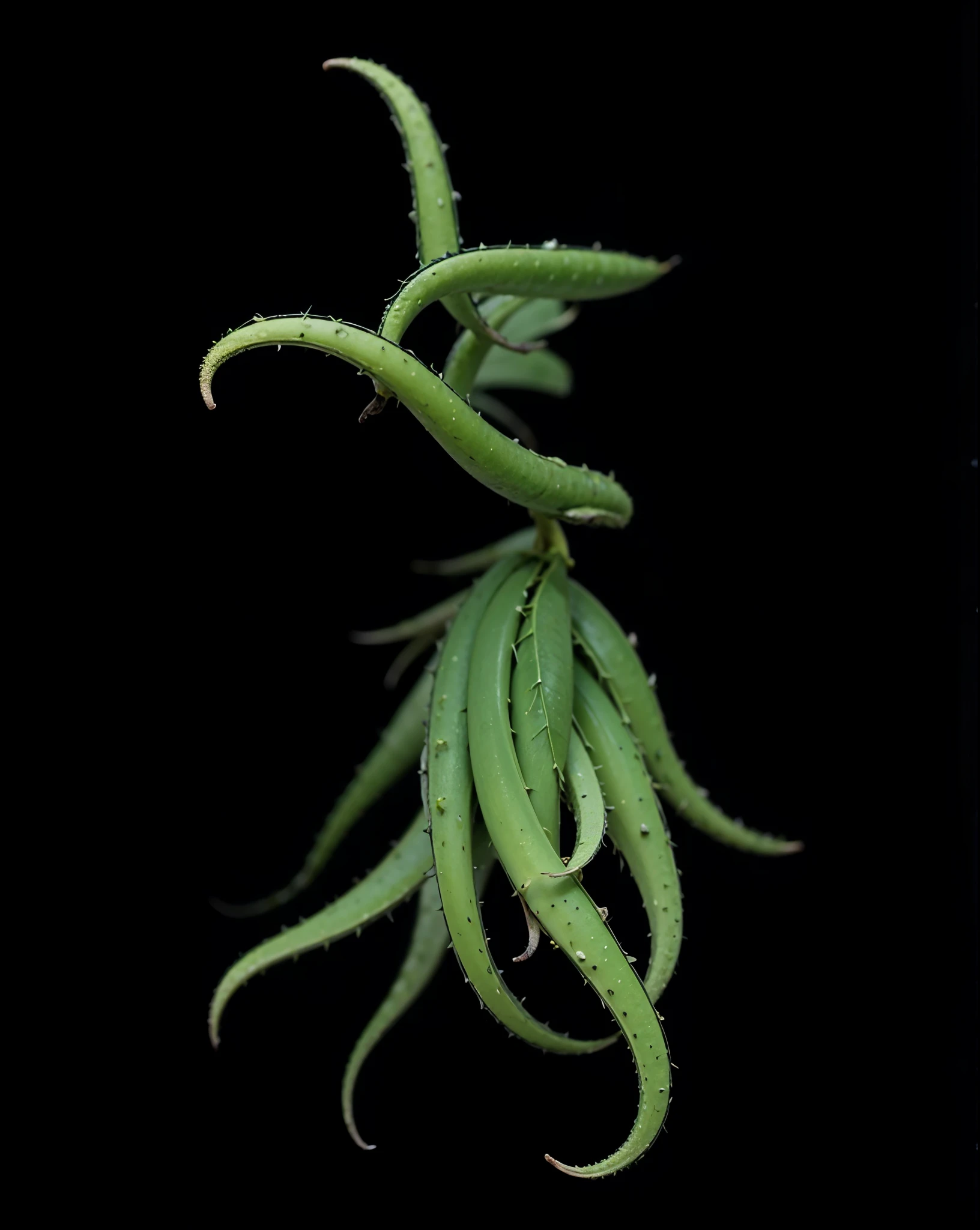 The image shows a vibrant green plant with long, slender branches that resemble thorny tentacles.. The background is dark and indistinct, o que faz com que a planta se destaque. There are no humans or other objects visible in the image.