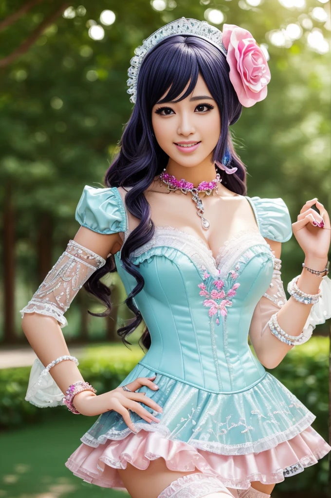 sexy stylish Swedish model, only 1 female, ((doll-like appearance)), long neon pink stylish hair, ((shiny Victorian-Style boots)), (beautiful smile), very detailed eyes, very detailed eye makeup, lipgloss, long lashes, defined eyebrows, ((sexy Paradise Kiss cosplay)), bell-shaped skirt, petticoats, high neckline, puffed sleeves, (( ultra detailed lace)), ((ultra detailed embroidery)), intricate details, Paradise Kiss accessoires and matching headpiece, choker, ((large sparkling Paradise Kiss jewelry)), cinematic light, detailed large park background with trees