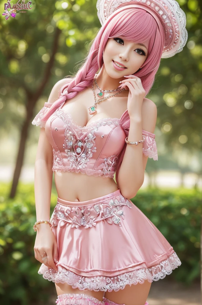 ((Best quality, 8k, Masterpiece, Sharp focus, 35mm lens, f/0.8, amazing beautiful perfect figure :1.4)), side lighting, sexy stylish model, ((big smile)), ((doll-like appearance)), ((beautiful detailed Victorian-Style boots)), Highly detailed face and skin texture:1.2, Detailed black eyes:1.2, super detailed skin, shiny skin:1.2, Blushing , beautiful detailed makeup:1.2, high-fidelity bangs, brilliant neon pink long random hairstyle, ((sexy Paradise Kiss cosplay)), bell-shaped skirt, petticoats, high neckline, puffed sleeves, (( ultra detailed lace)), ((ultra detailed embroidery)), intricate details, Paradise Kiss accessoires and matching headpiece, choker, ((large sparkling Paradise Kiss jewelry)), cinematic light, detailed large park background with trees