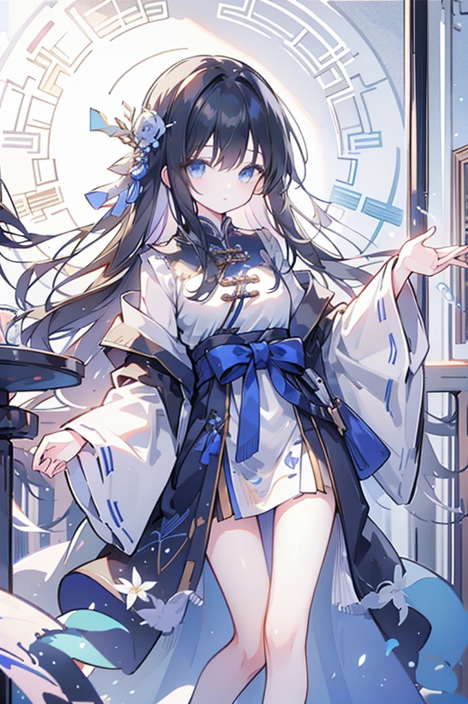 High Quality, Lossless, Clean, Raw, High Quality, Lossless, Clean, Raw, HD, girl, alone, clear lights, bangs in her hair, blue eyes, beautiful girl, perfect body, Color Booster,Realism, 1girl, solo, long hair, looking at viewer, skirt, black hair, hair ornament, long sleeves, standing, flower, indoors, wide sleeves, window, chinese clothes, table, plant