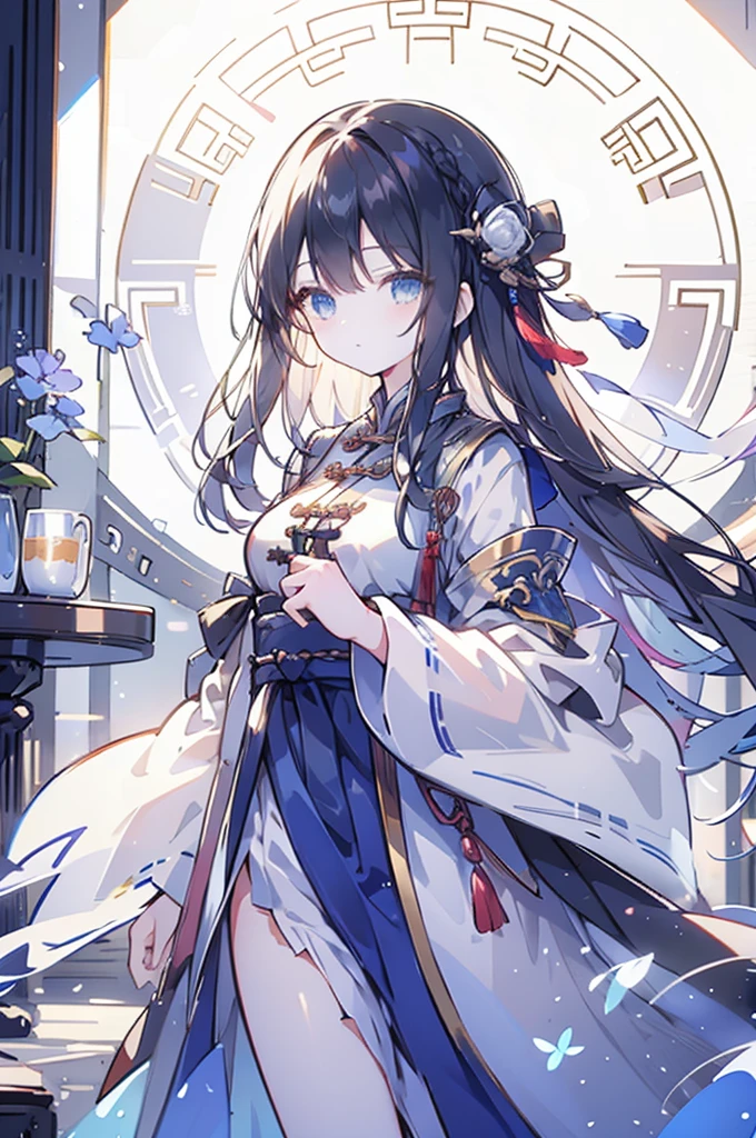 High Quality, Lossless, Clean, Raw, High Quality, Lossless, Clean, Raw, HD, girl, alone, clear lights, bangs in her hair, blue eyes, beautiful girl, perfect body, Color Booster,Realism, 1girl, solo, long hair, looking at viewer, skirt, black hair, hair ornament, long sleeves, standing, flower, indoors, wide sleeves, window, chinese clothes, table, plant