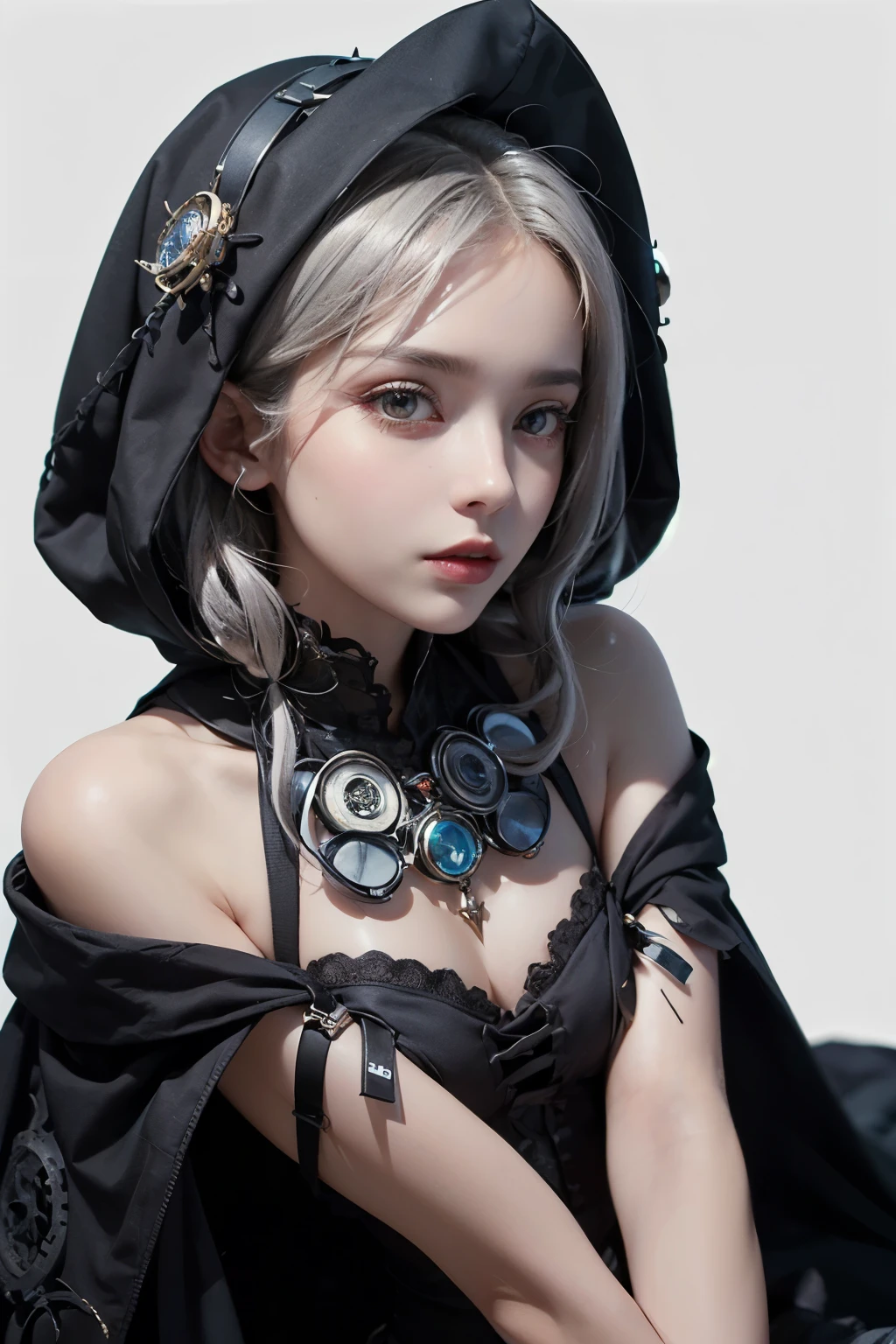mpts
Copy
(((masutepiece, of the highest quality, super detailed))), white background, plain background, Bloodborne inspired, Bloodborne, occult aesthetic, occult, Complex mechanical cyborg girl, Skeleton body, Off-the-shoulder fashion fused with detailed and intricate steampunk and detailed gothic lolita (with a hood), diadems, very thin long legs, Complex mechanical boots above the knee, Fluttering lace flared mini skirt, beautiful small breasts directed upwards, (((( Highly detailed face))), small thin nose, Small thin lips mouth, (((Very sharp focused eyes))), Very large slit precision pale grey eyes that shine like jewels. very long eyelashes, Silver hair swaying in the wind, Emitting a dazzling light in a mandala pattern, Extremely complex giant mechanical weapons, white background, Very dramatic and cinematic lighting, red and black clothing