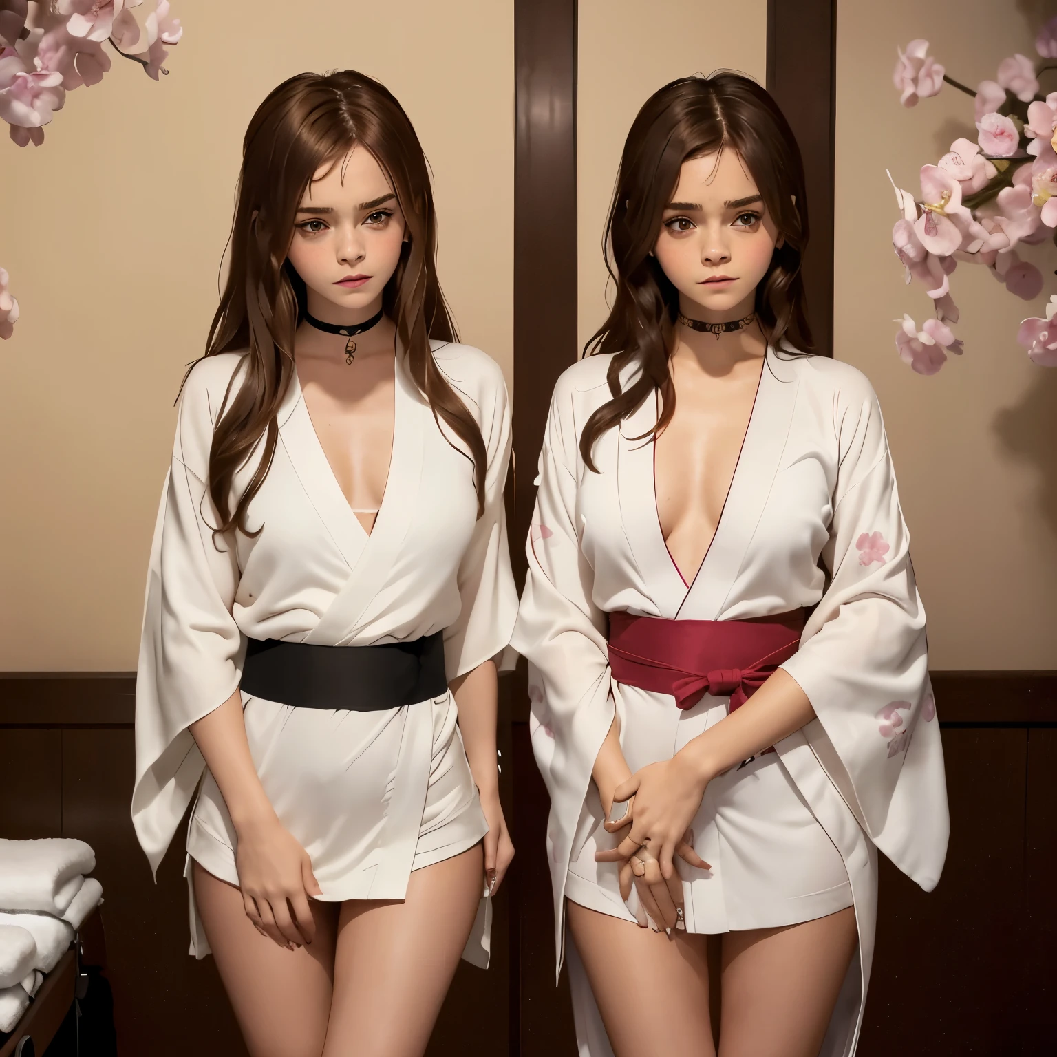 ((Emma Watson)) and (((Sarah Hyland))), (((wearing short sexy kimonos))), (((standing in a massage parlor))), shy, worried, hiding, ((face blushing)), (((hands between legs))), (minimal jewelry), choker, ((embarrassed pose)), (((perfect hands)))