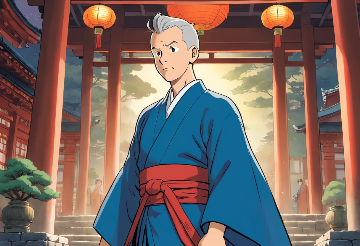 Tintin, 50 years old male wearing dark blue Japanese kimono, slick and neat short gray hair, exploring a Japanese temple, european comics