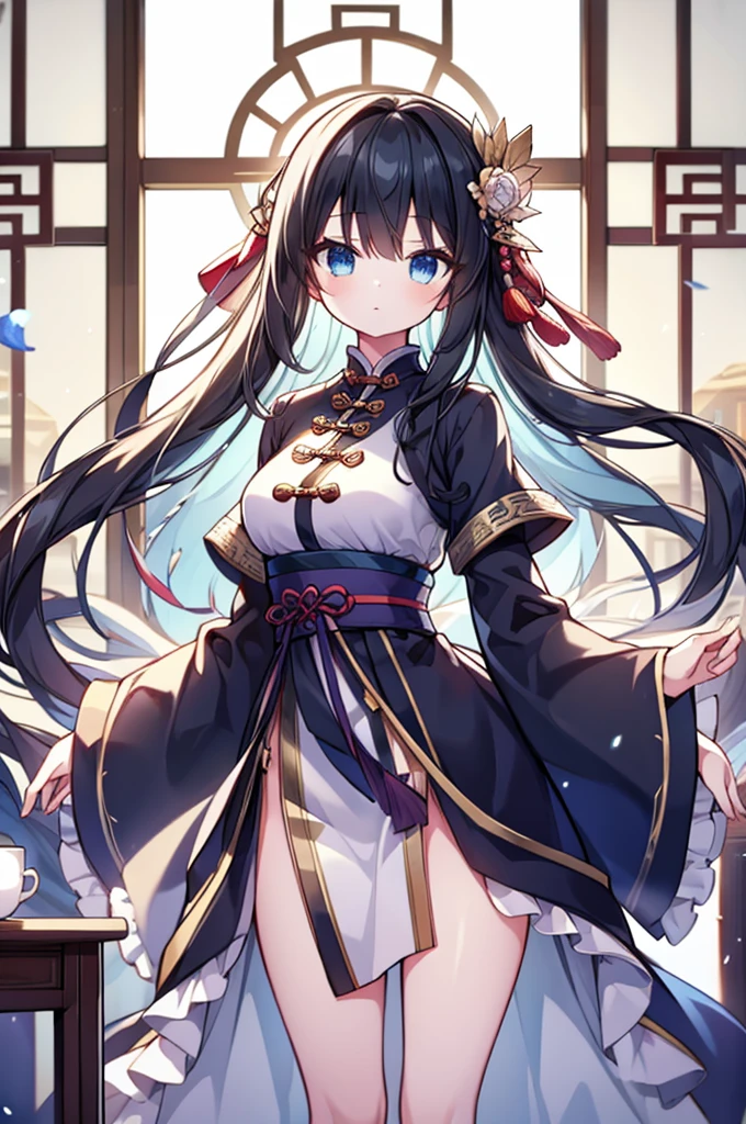 High Quality, Lossless, Clean, Raw, High Quality, Lossless, Clean, Raw, HD, girl, alone, clear lights, bangs in her hair, blue eyes, beautiful girl, perfect body, Color Booster,Realism, 1girl, solo, long hair, looking at viewer, skirt, black hair, hair ornament, long sleeves, standing, flower, indoors, wide sleeves, window, chinese clothes, table, plant