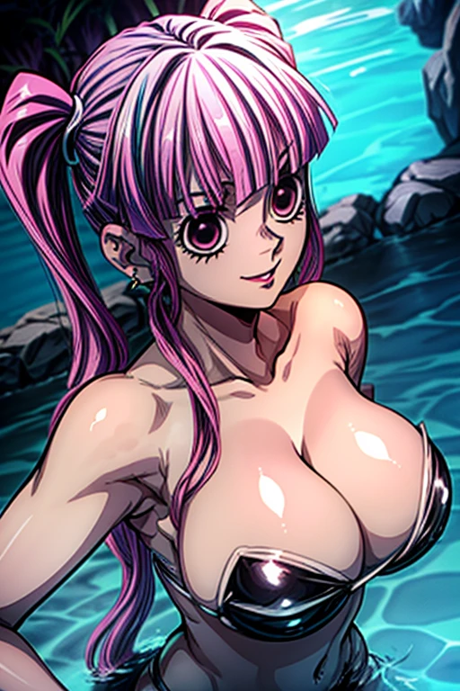 swimming in a cave, light shining into cave, vegetation on the wall of the cave, swimming in water, close up, piercing eyes, (black theme 1:1), ( blue tone), ((perfect female body)), ,shiny skin, shiny body,pink hair, twin tails, bangs, black eyes, huge sized breasts,LumCosplay, bikini, strapless, perona, kimetsu no yaiba art style, smile
