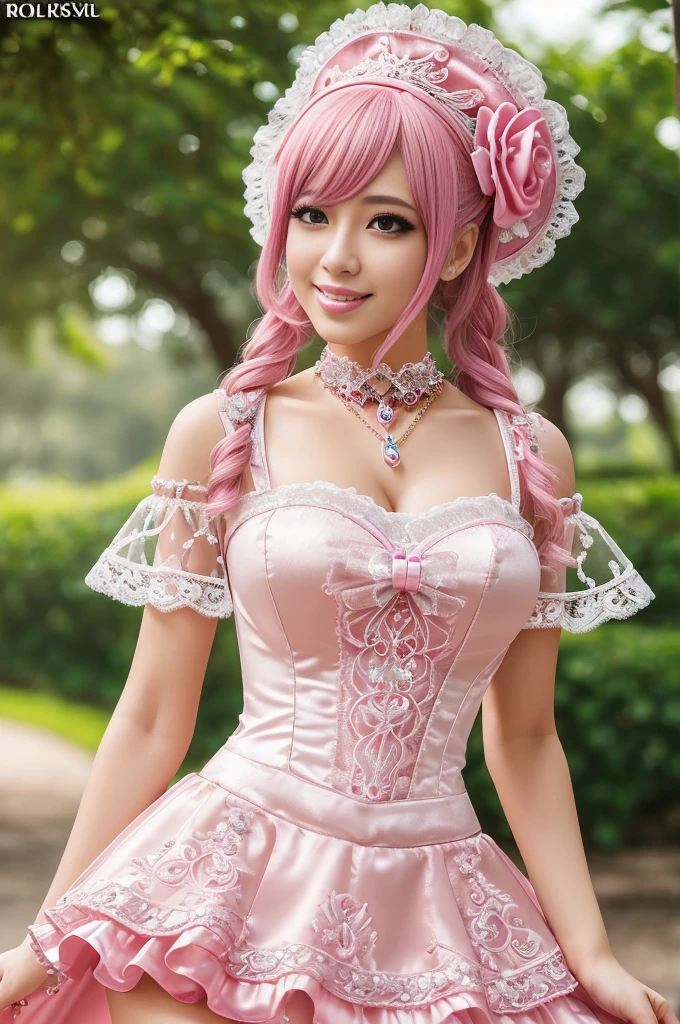 ((Best quality, 8k, Masterpiece, Sharp focus, 35mm lens, f/0.8, amazing beautiful perfect figure :1.4)), side lighting, sexy stylish model, ((big smile)), ((doll-like appearance)), ((beautiful detailed Victorian-Style boots)), Highly detailed face and skin texture:1.2, Detailed eyes:1.2, super detailed skin, shiny skin:1.2, Blushing , beautiful detailed makeup:1.2, high-fidelity bangs, brilliant neon pink long random hairstyle, ((sexy Paradise Kiss cosplay)), bell-shaped skirt, petticoats, high neckline, puffed sleeves, (( ultra detailed lace)), ((ultra detailed embroidery)), intricate details, Paradise Kiss accessoires and matching headpiece, choker, ((large sparkling Paradise Kiss jewelry)), cinematic light, detailed large park background with trees