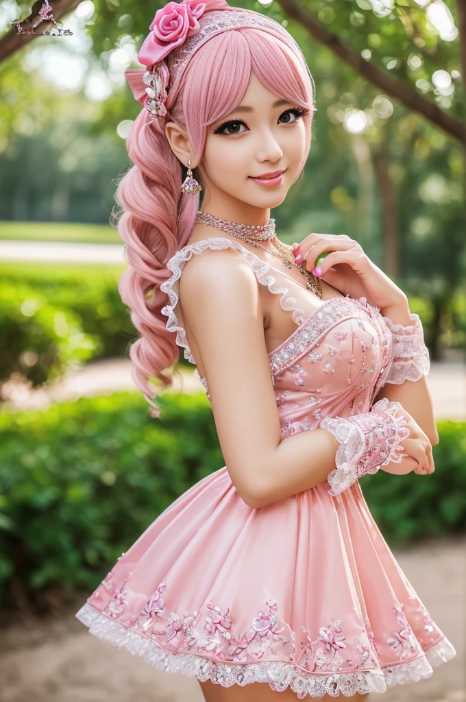 ((Best quality, 8k, Masterpiece, Sharp focus, 35mm lens, f/0.8, amazing beautiful perfect figure :1.4)), side lighting, sexy stylish model, ((big smile)), ((doll-like appearance)), ((beautiful detailed Victorian-Style boots)), Highly detailed face and skin texture:1.2, Detailed eyes:1.2, super detailed skin, shiny skin:1.2, Blushing , beautiful detailed makeup:1.2, high-fidelity bangs, brilliant neon pink long random hairstyle, ((sexy Paradise Kiss cosplay)), bell-shaped skirt, petticoats, high neckline, puffed sleeves, (( ultra detailed lace)), ((ultra detailed embroidery)), intricate details, Paradise Kiss accessoires and matching headpiece, choker, ((large sparkling Paradise Kiss jewelry)), cinematic light, detailed large park background with trees 