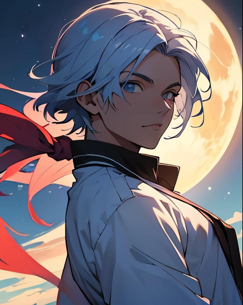 Um personagem de anime, jovem, musculoso, com cabelos azul claro e roupas brancas, olhos vermelhos com pupilas fortes, muitos detalhes, ao fundo o sol e a lua juntos, sombras perfeitas