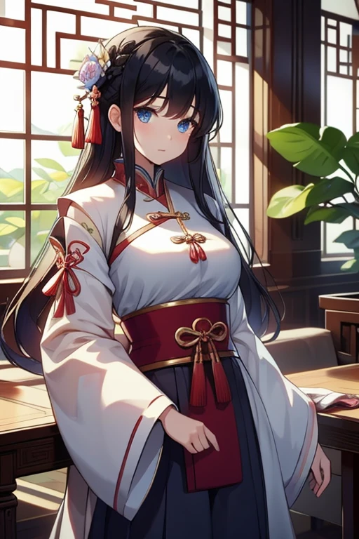 High Quality, Lossless, Clean, Raw, High Quality, Lossless, Clean, Raw, HD, girl, alone, clear lights, bangs in her hair, blue eyes, beautiful girl, perfect body, Color Booster,Realism, 1girl, solo, long hair, looking at viewer, skirt, black hair, hair ornament, long sleeves, standing, flower, indoors, wide sleeves, window, chinese clothes, table, plant