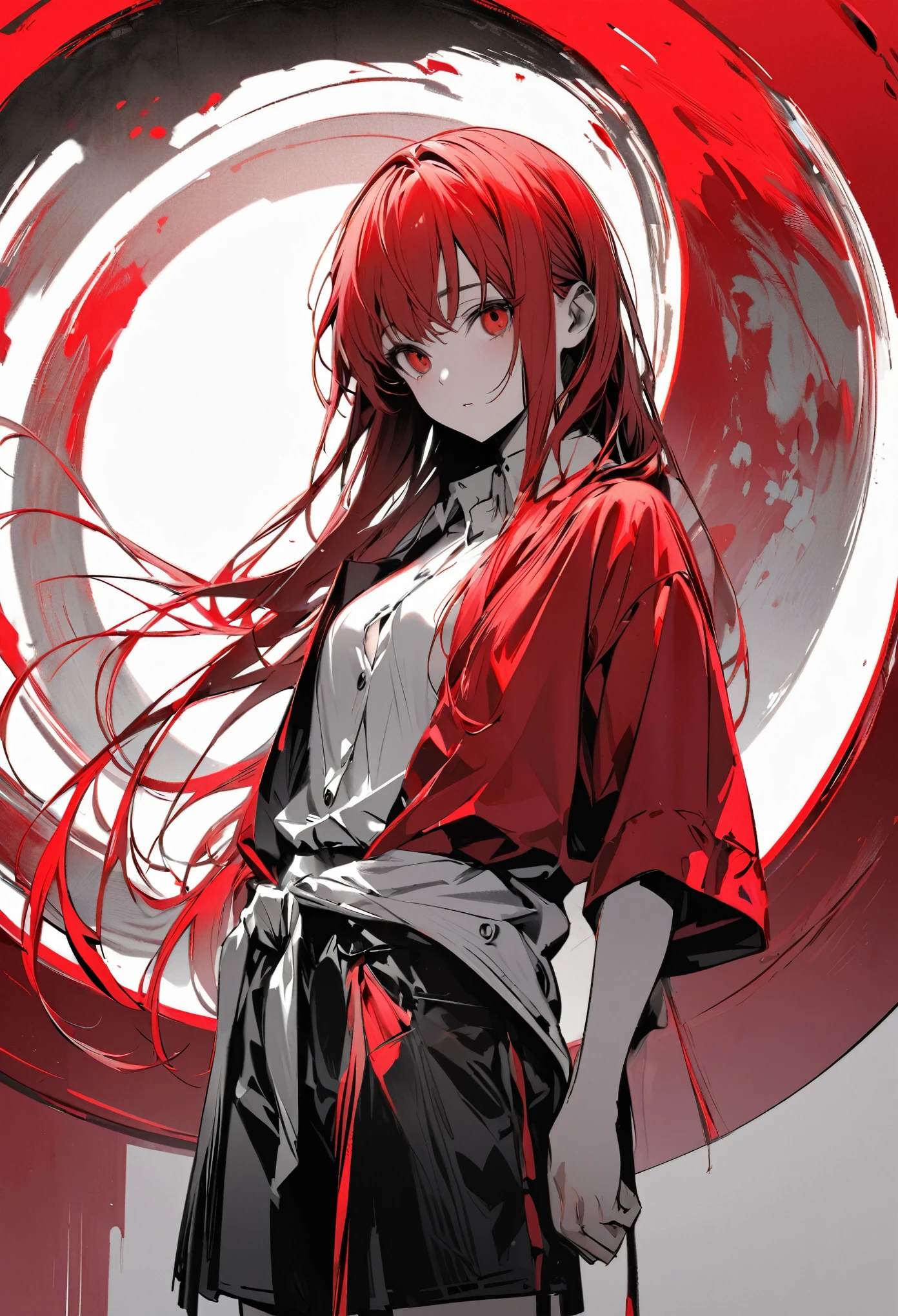 “Create an artwork of a person with long hair wearing a buttoned shirt and shorts, tied at the waist. The person should be depicted in a black and white sketch style, with detailed shading and texture to give depth and realism to the clothing folds and hair strands. Place the individual against a large red circular backdrop, ensuring that the background is a bold red color that contrasts with the monochromatic subject.”