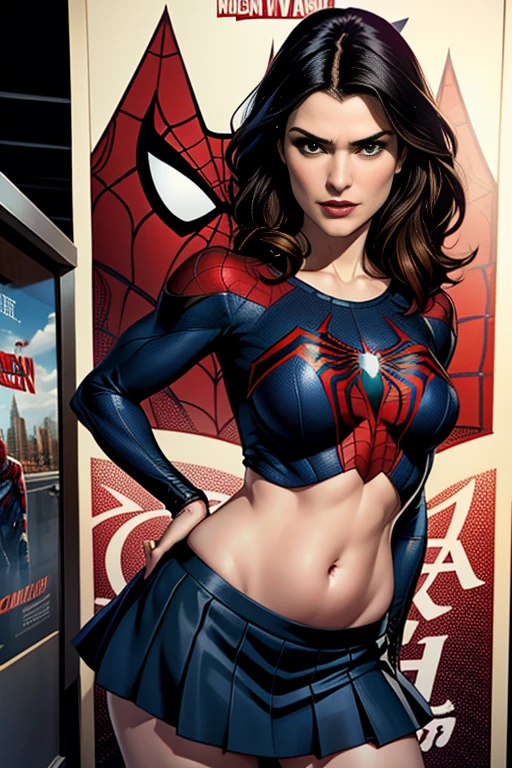 Rachel Weisz、マーベルコミックの映画Poster、so beautiful、Movies about Spider-Man、sexy、whole body、Wearing a skirt、Premiere Date、Poster、belly buttonを突き出す、new york、She&#39;s wearing a ripped Spiderman suit、The suit is torn、Wearing a skirt、Red and black color scheme、dynamic、masterpiece、highest quality、Super detailed、Very detailed、Delicate and beautiful shine、Ultra-high resolution、Cinematic、break、breakドロップ、(Torn clothes:1.5)、(Wet clothes:1.4)、Bare shoulders、Real Rain、Wet Hair、belly button、Exposed Skin、sexyな肩を披露