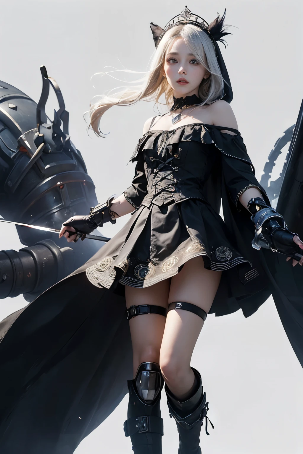 mpts
Copy
(((masutepiece, of the highest quality, super detailed))), white background, plain background, Bloodborne inspired, Bloodborne, occult aesthetic, occult, Complex mechanical cyborg girl, Skeleton body, Off-the-shoulder fashion fused with detailed and intricate steampunk and detailed gothic lolita (with a hood), diadems, very thin long legs, Complex mechanical boots above the knee, Fluttering lace flared mini skirt, beautiful small breasts directed upwards, (((( Highly detailed face))), small thin nose, Small thin lips mouth, (((Very sharp focused eyes))), Very large slit precision pale grey eyes that shine like jewels. very long eyelashes, Silver hair swaying in the wind, Emitting a dazzling light in a mandala pattern, Extremely complex giant mechanical weapons, white background, Very dramatic and cinematic lighting, red and white clothing, full body, whole body, body