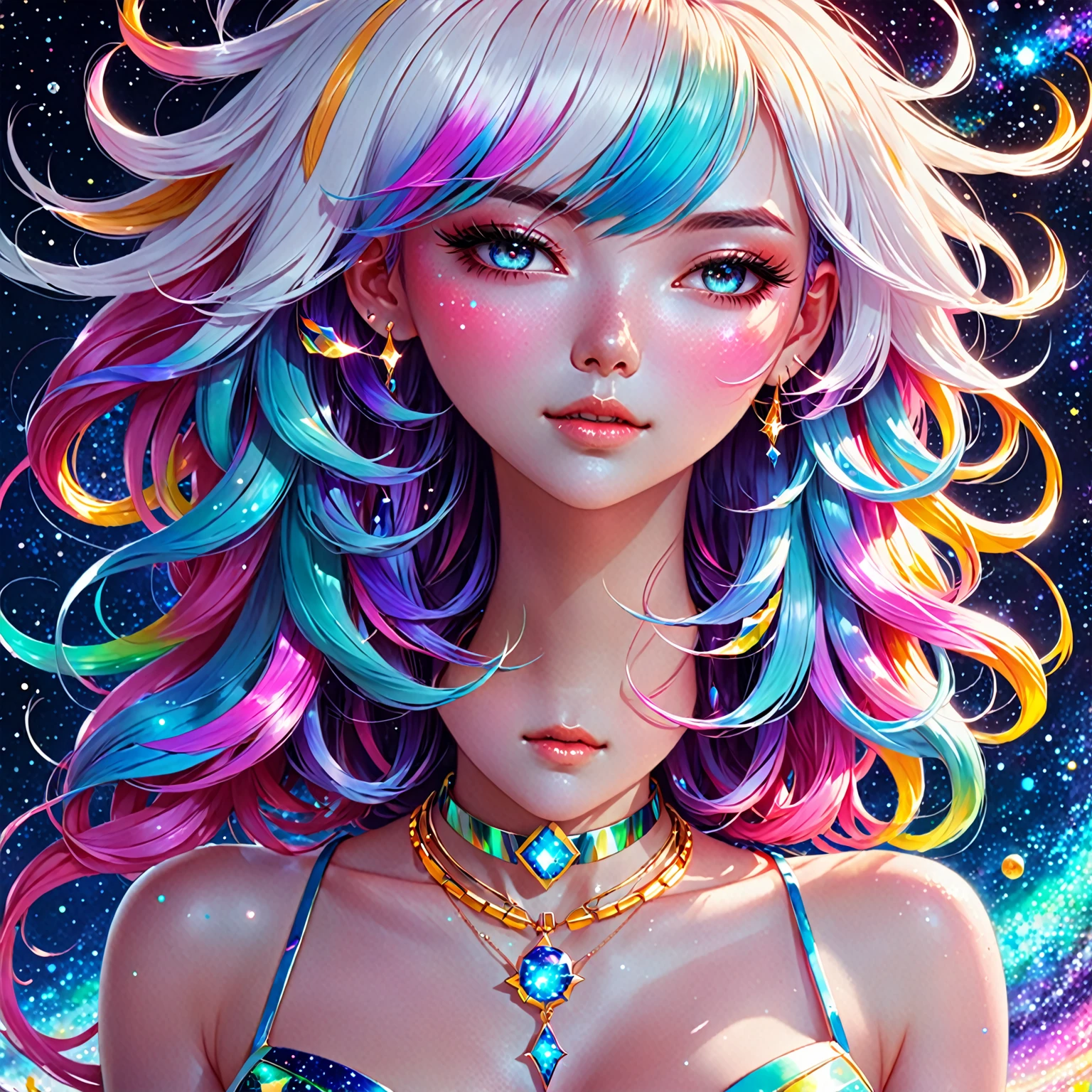 Close-up of a woman with colorful hair and necklace, anime girl with cosmic hair, Rossdraws' soft vitality, Gouvez style artwork, fantasy art style, colorful], vibrant fantasy style, Rossdraws cartoon full of vitality, cosmic and colorful, Guweiz, colorful digital fantasy art, stunning art style, beautiful anime style, white skin, subtle