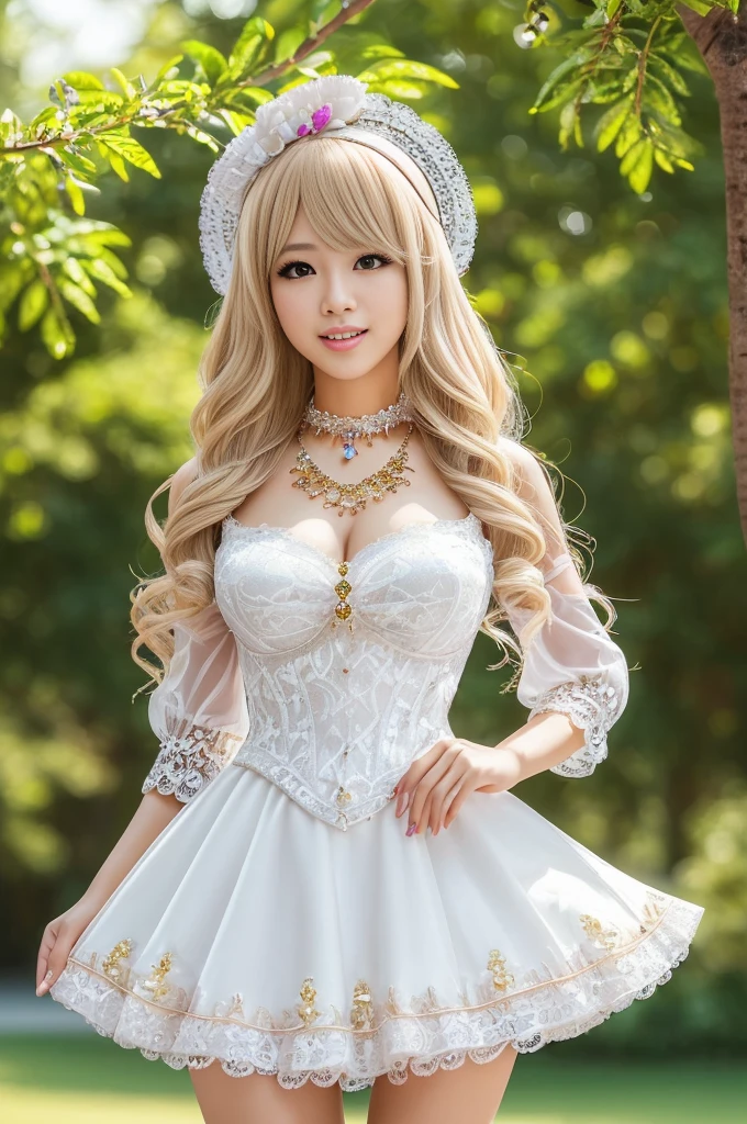 ((Best quality, 8k, Masterpiece, Sharp focus, 35mm lens, f/0.8, amazing beautiful perfect figure :1.4)), side lighting, sexy stylish Brazilian model, ((bright smile)), ((beautiful detailed Victorian-Style boots)), Highly detailed face and skin texture:1.2, super detailed eyes:1.2, super detailed skin, shiny skin:1.2, Blushing ,long lashes:1.2, high-fidelity bangs, brilliant light blonde long random hairstyle, ((sexy Paradise Kiss cosplay)), bell-shaped skirt, petticoats, high neckline, puffed sleeves, (( ultra detailed lace)), ((ultra detailed embroidery)), intricate details, Paradise Kiss accessoires and matching headpiece, choker, ((large sparkling Paradise Kiss jewelry)), cinematic light, detailed large park background with trees