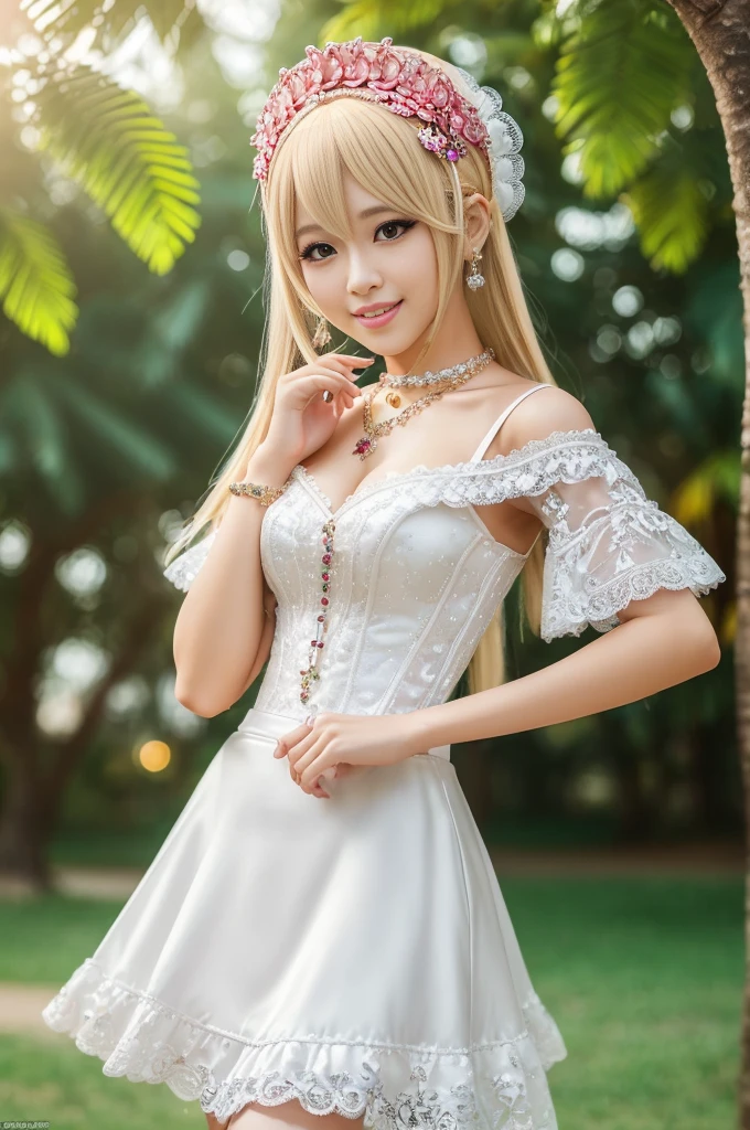 ((Best quality, 8k, Masterpiece, Sharp focus, 35mm lens, f/0.8, amazing beautiful perfect figure :1.4)), side lighting, sexy stylish Asian model, ((big smile)), ((doll-like appearance)), ((beautiful detailed Victorian-Style boots)), Highly detailed face and skin texture:1.2, Detailed eyes:1.2, super detailed skin, shiny skin:1.2, Blushing , beautiful detailed makeup:1.2, high-fidelity bangs, brilliant light blonde long random hairstyle, ((sexy Paradise Kiss cosplay)), bell-shaped skirt, petticoats, high neckline, puffed sleeves, (( ultra detailed lace)), ((ultra detailed embroidery)), intricate details, Paradise Kiss accessoires and matching headpiece, choker, ((large sparkling Paradise Kiss jewelry)), cinematic light, detailed large park background with trees