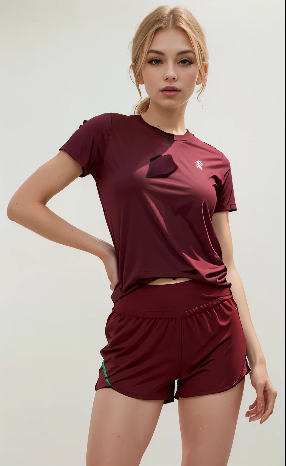 uma mulher com blusa marrom e shorts posando para uma foto, treinar com marrom, sport Camiseta, violet coloured Camiseta, camisa magenta, red Camiseta, Camiseta vermelha, red roupas esportivas, roupas esportivas, white Camiseta with red sleeves, vermelho marrom, camisa de malha, Manga curta, Camiseta, camiseta, roupas esportivas